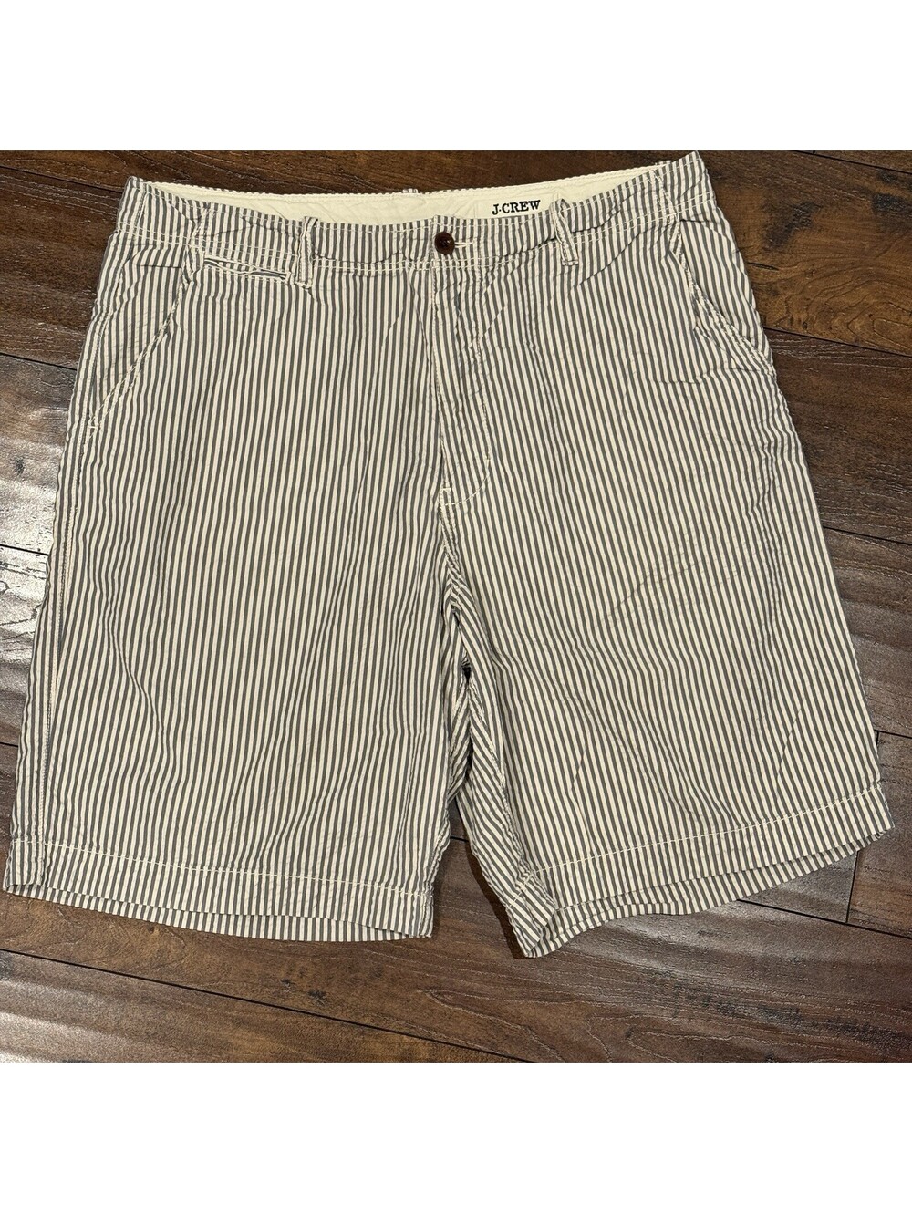 J.Crew Chino Shorts Mens 36 Gray Striped Seersucker Cotton Belted Summer Casual